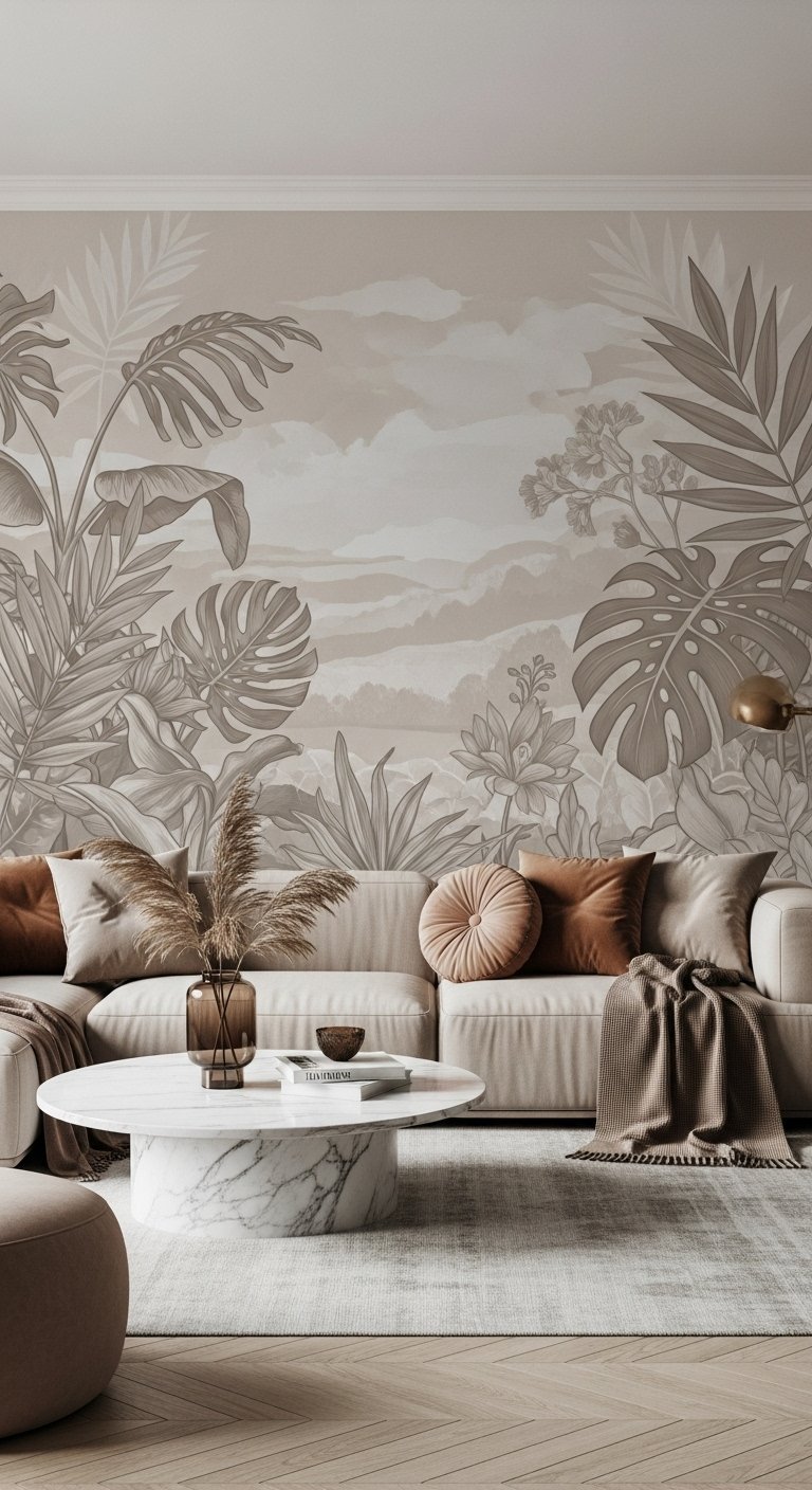 Salon avec un papier peint panoramique de jungle tropicale dans des tons beiges neutres