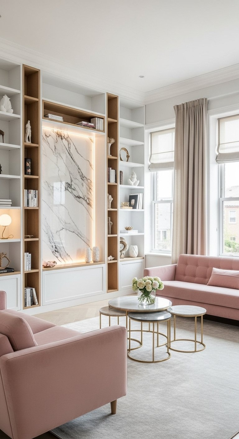 Salon elegant avec bibliotheque integree et canapes en velours rose
