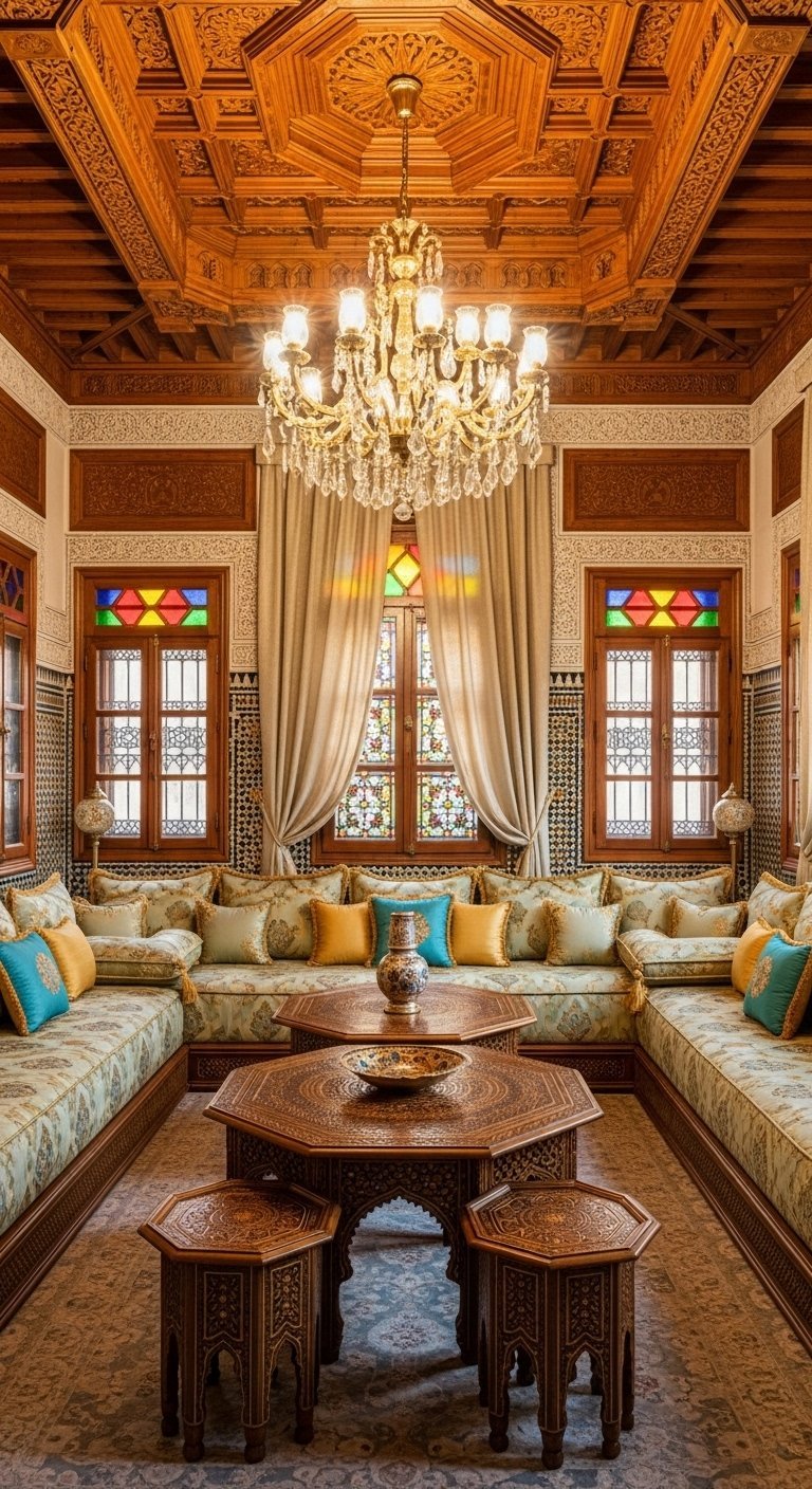Salon marocain traditionnel avec plafond en bois sculpté et fenêtres à vitraux