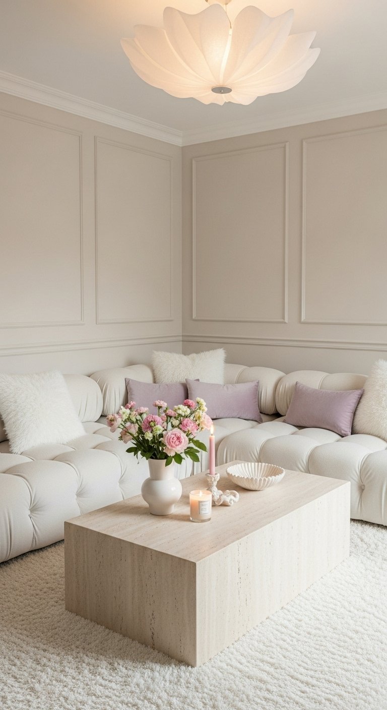 Salon minimaliste avec canapé modulaire blanc et table basse en travertin