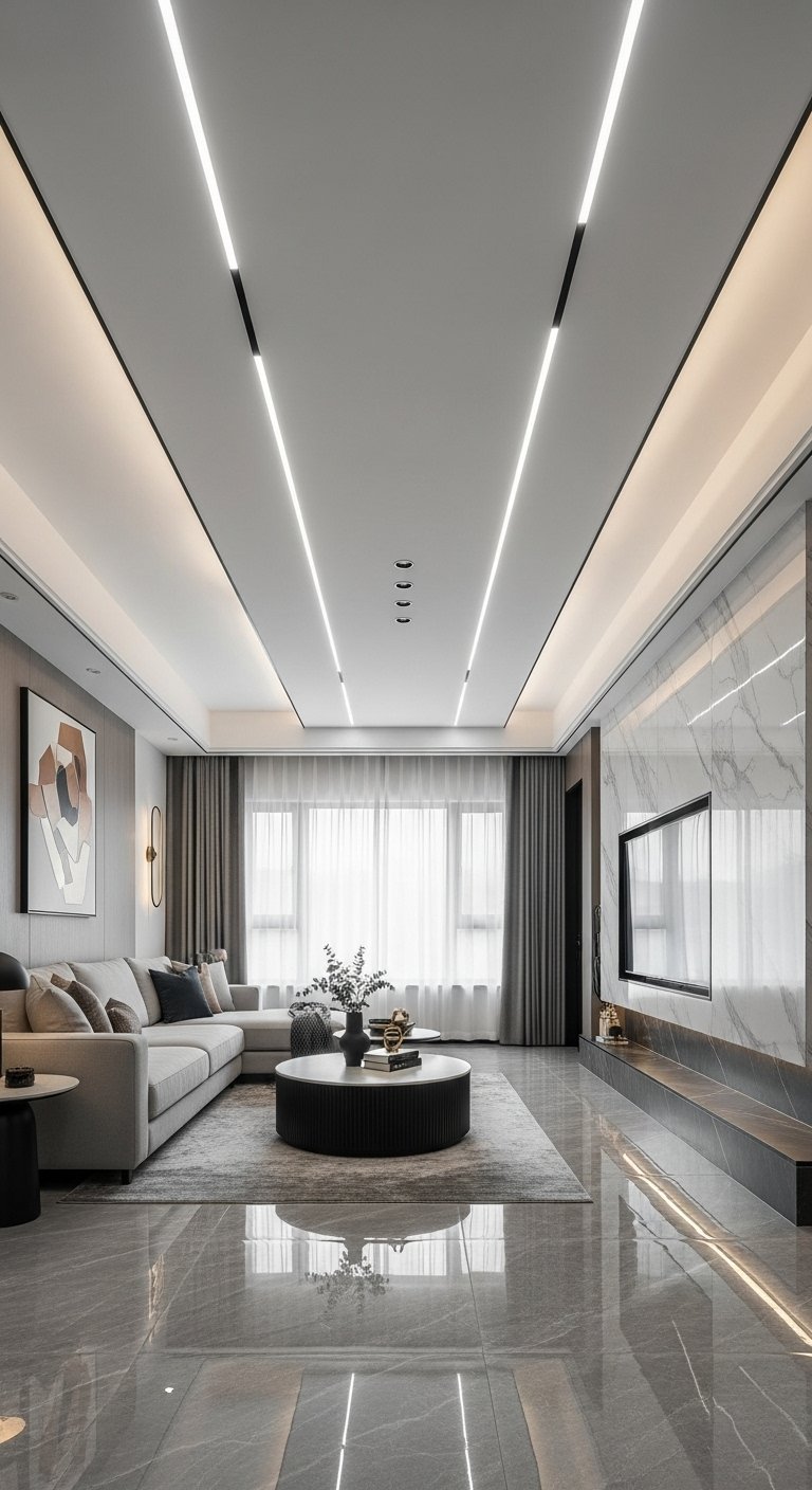 Salon moderne avec de longues lignes lumineuses noires et blanches encastrées au plafond
