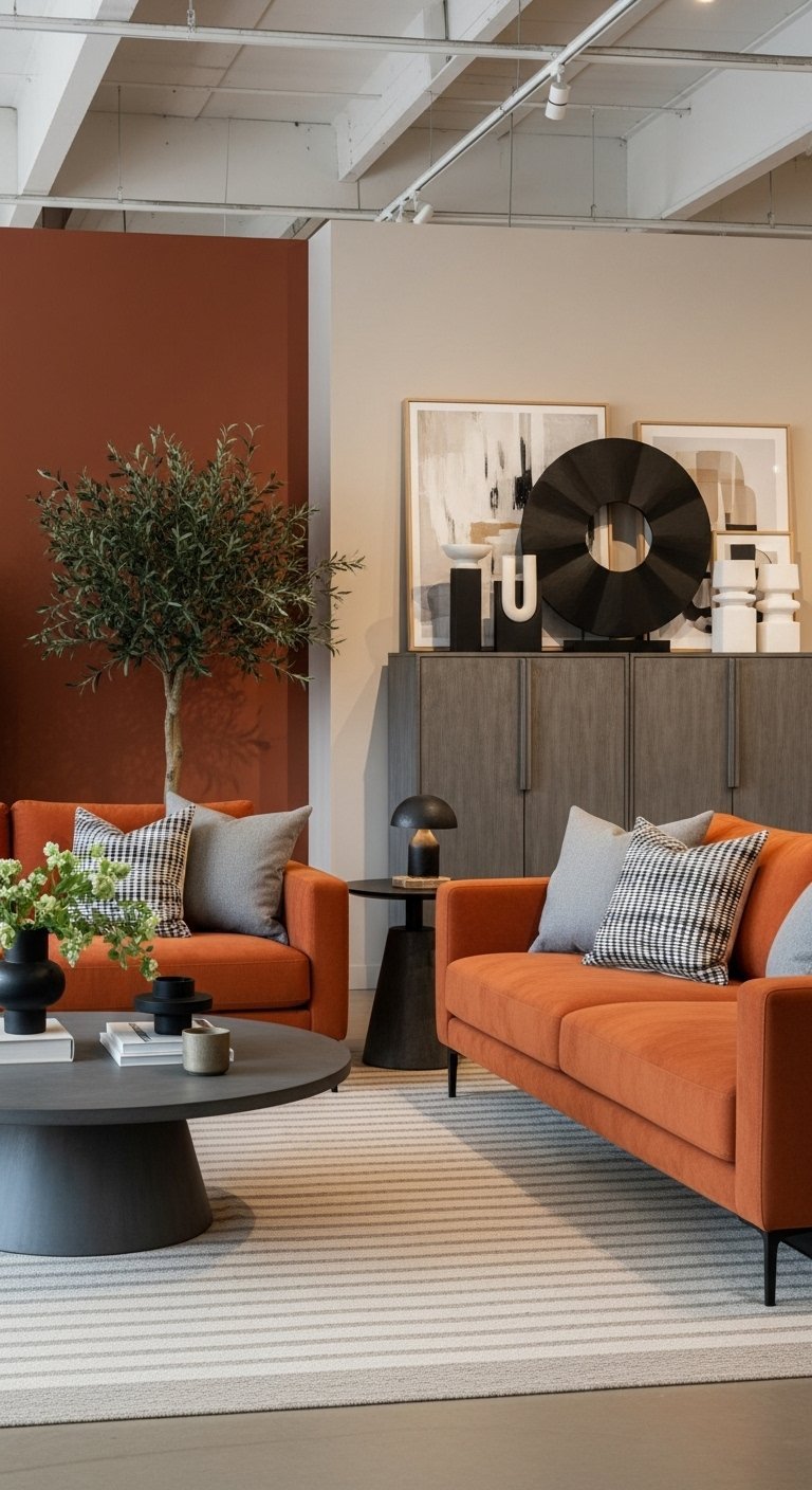 Salon moderne avec deux canapes terracotta mur daccent assorti et mobilier noir