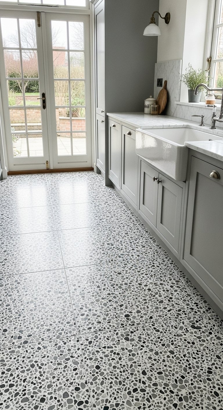 Sol de cuisine en carrelage terrazzo noir et blanc avec armoires grises