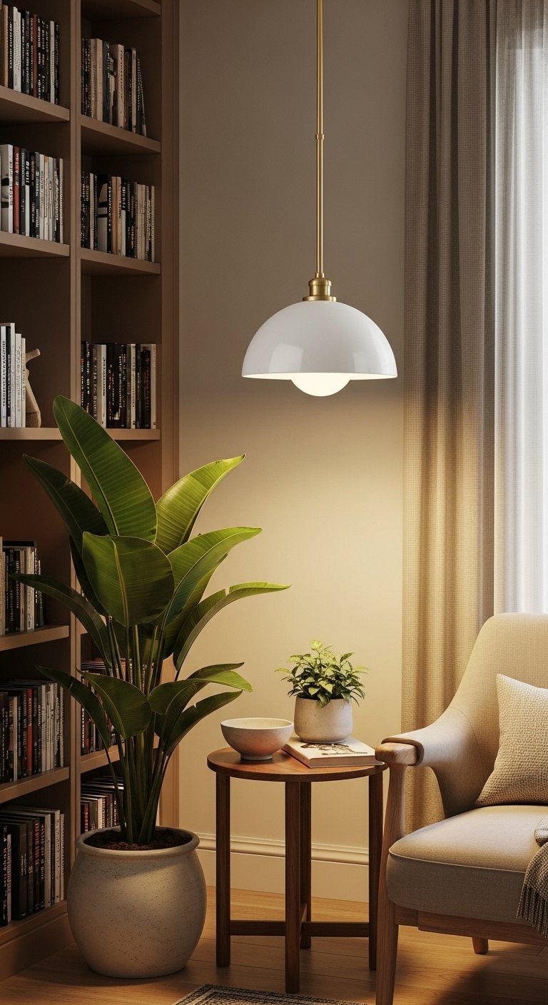 Suspension luminaire en dôme blanc et laiton dans un coin lecture