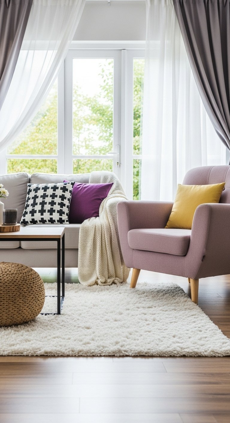 Tapis de salon blanc à poils longs et moelleux avec un fauteuil rose et des coussins colorés