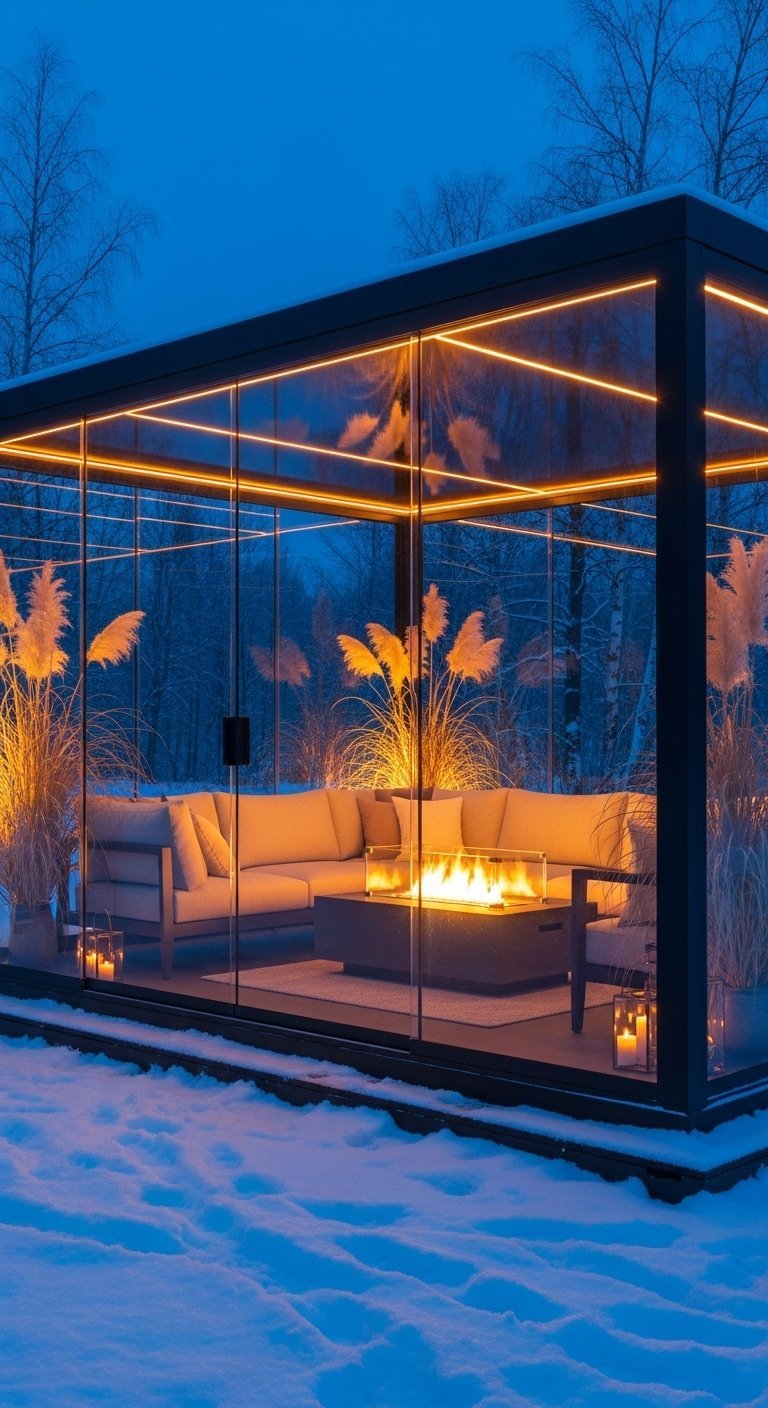 Véranda en verre dans la neige avec foyer et éclairage LED orange