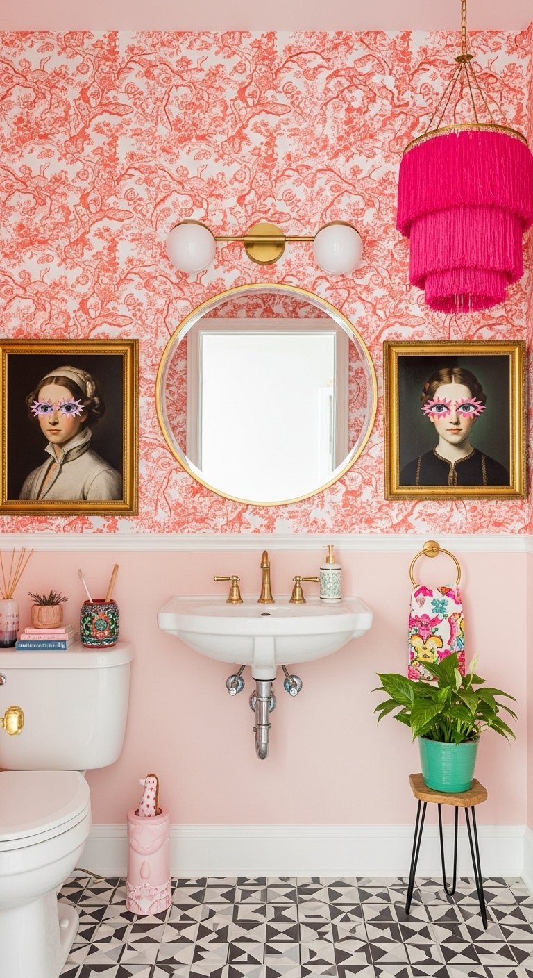 WC éclectique rose avec papier peint à motifs et lustre fuchsia