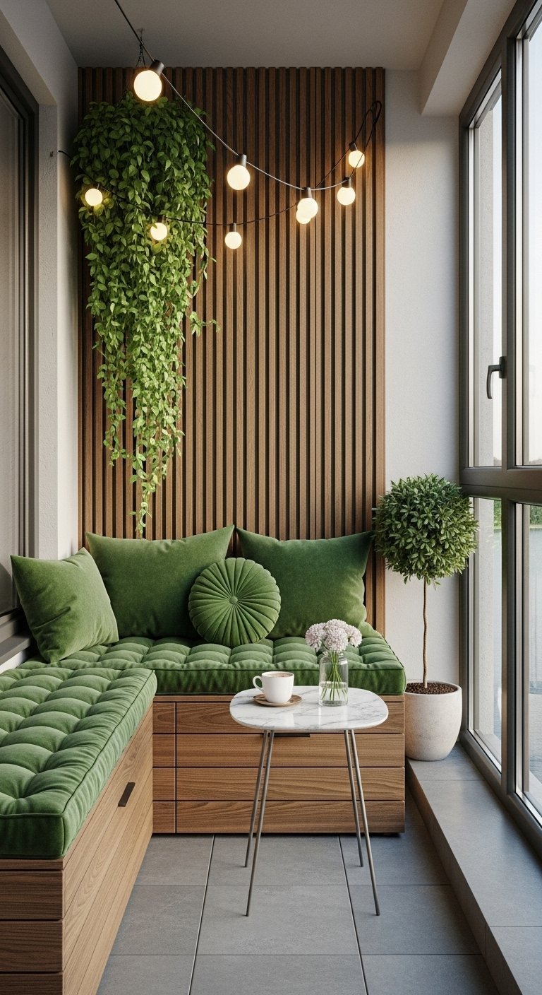 Banquette d angle sur mesure avec coussins en velours vert sur un balcon