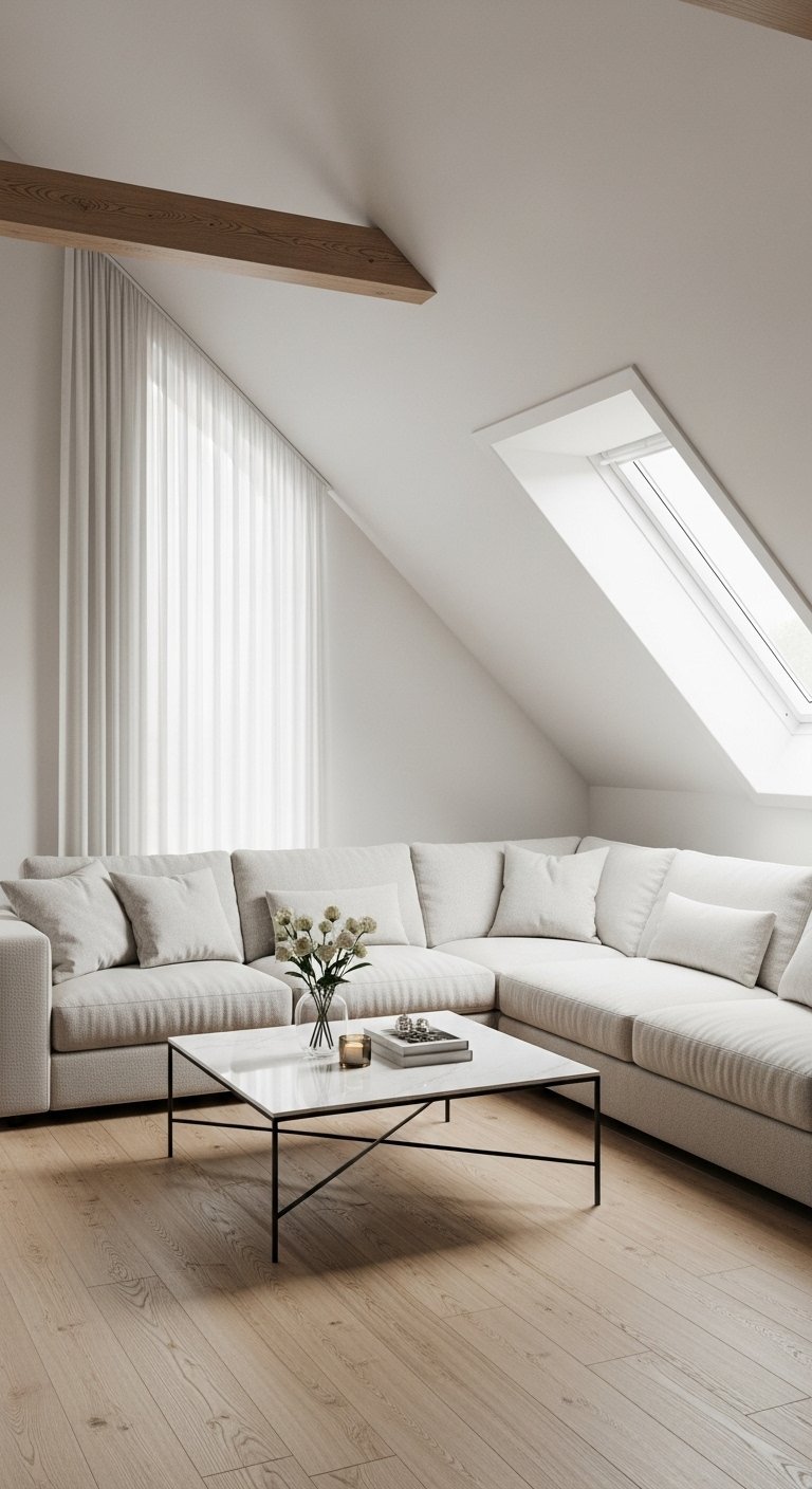 Canapé d angle blanc dans un grenier lumineux avec poutre en bois