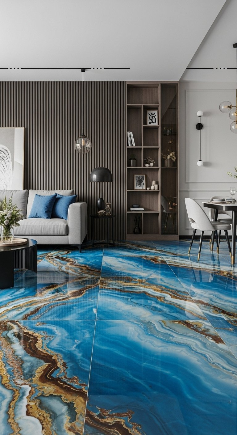 Carrelage de salon spectaculaire effet onyx bleu et or avec finition brillante