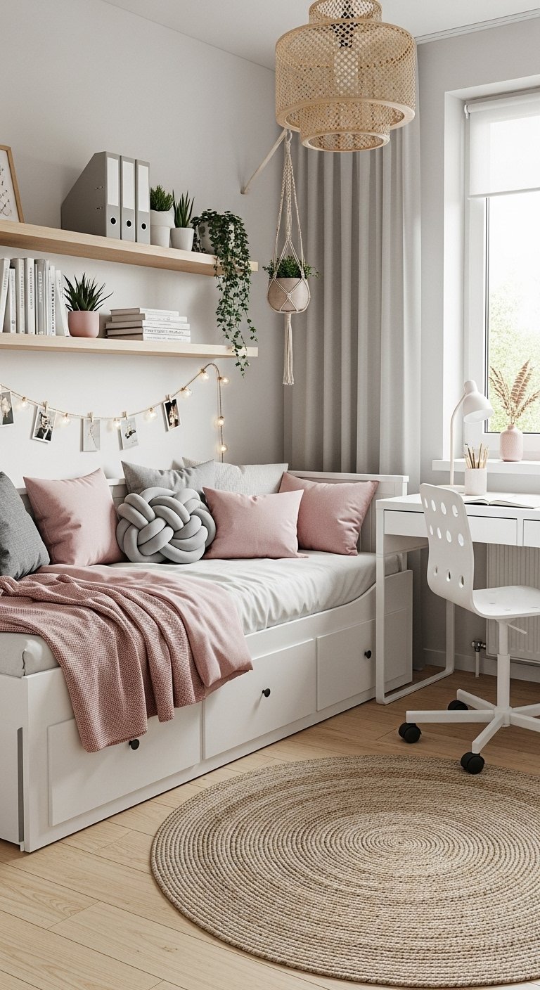 Chambre avec un lit banquette blanc des étagères en bois et un tapis rond en jute