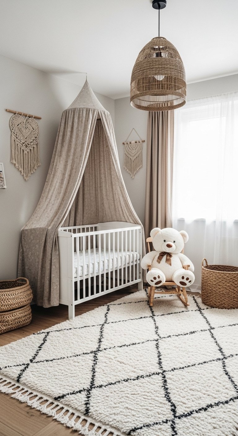 Chambre bébé style bohème avec tapis berbère et décor en macramé