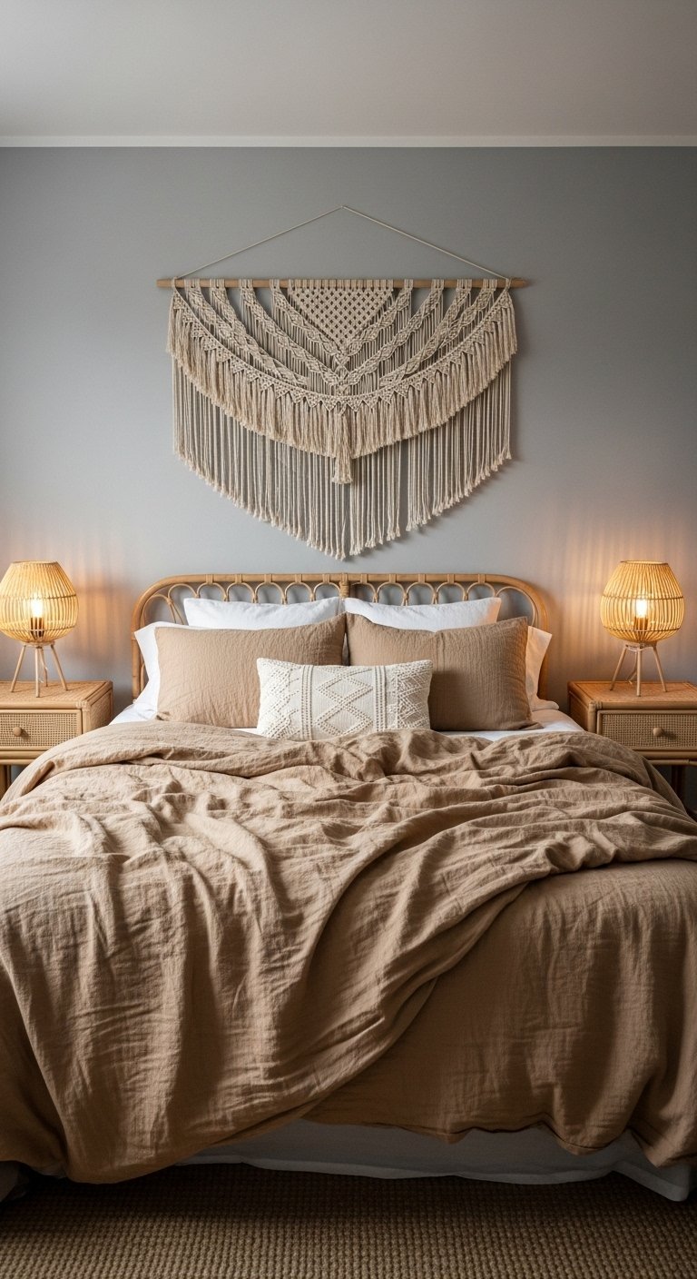 Chambre boheme neutre avec tete de lit en rotin et macrame
