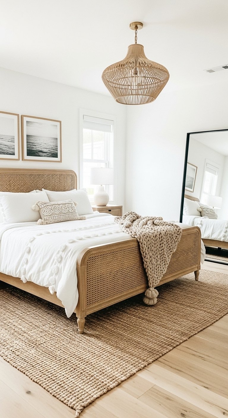 Chambre côtière avec lit en rotin et tapis en jute