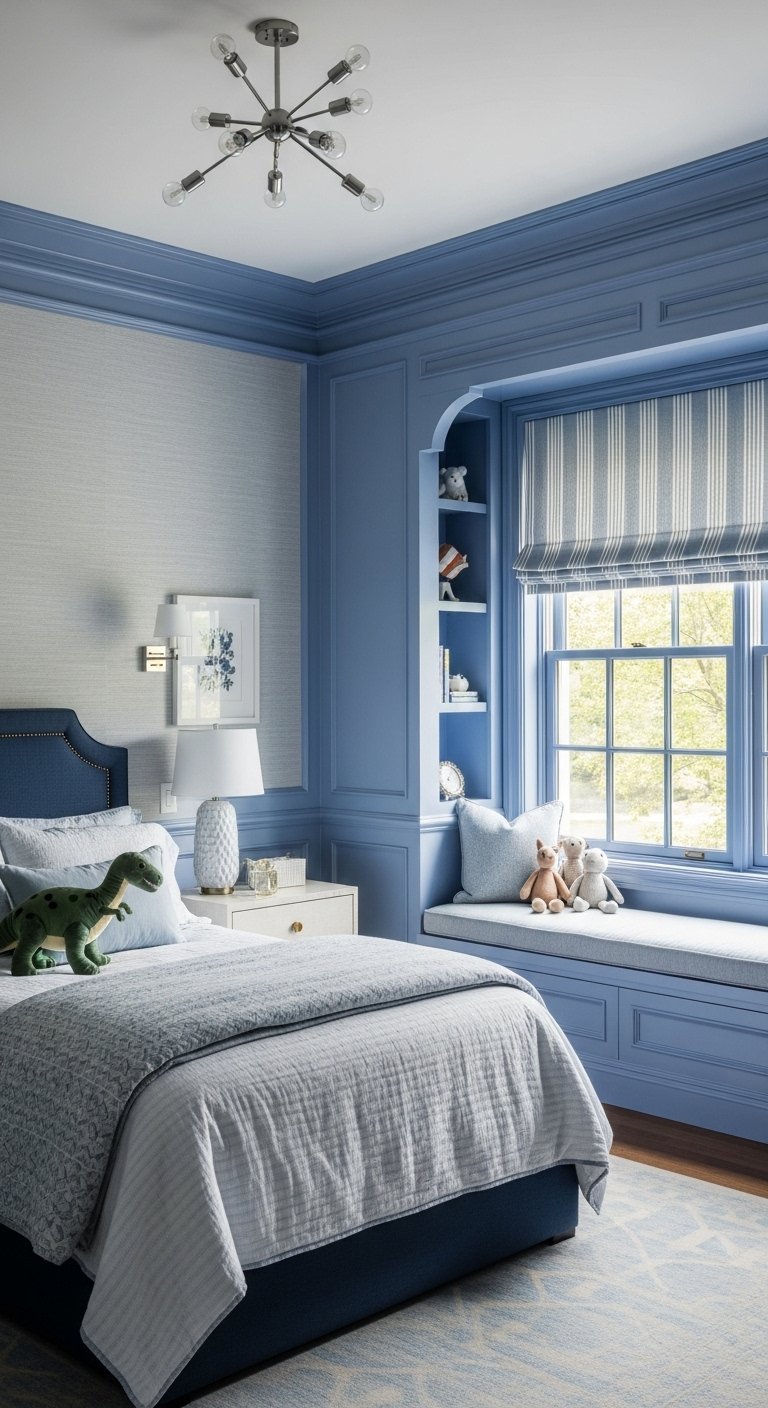 Chambre d ado classique avec des murs lambrissés bleu poudré et une banquette sous la fenêtre