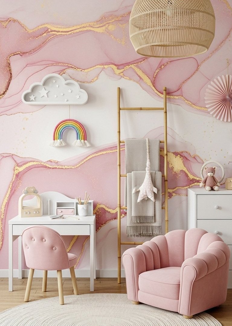 Chambre d enfant avec papier peint panoramique effet marbre rose et or