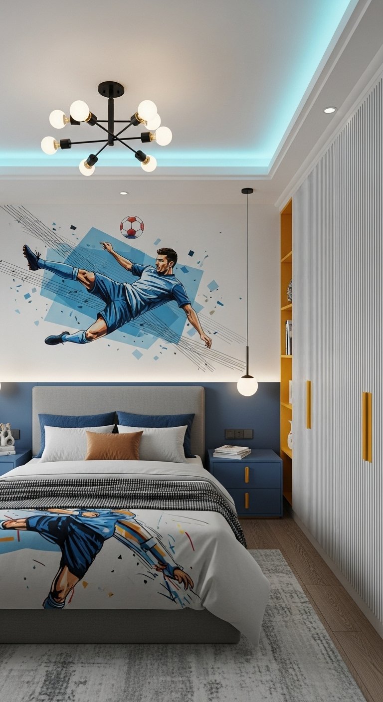 Chambre de garçon sur le thème du football avec une grande fresque murale d un joueur