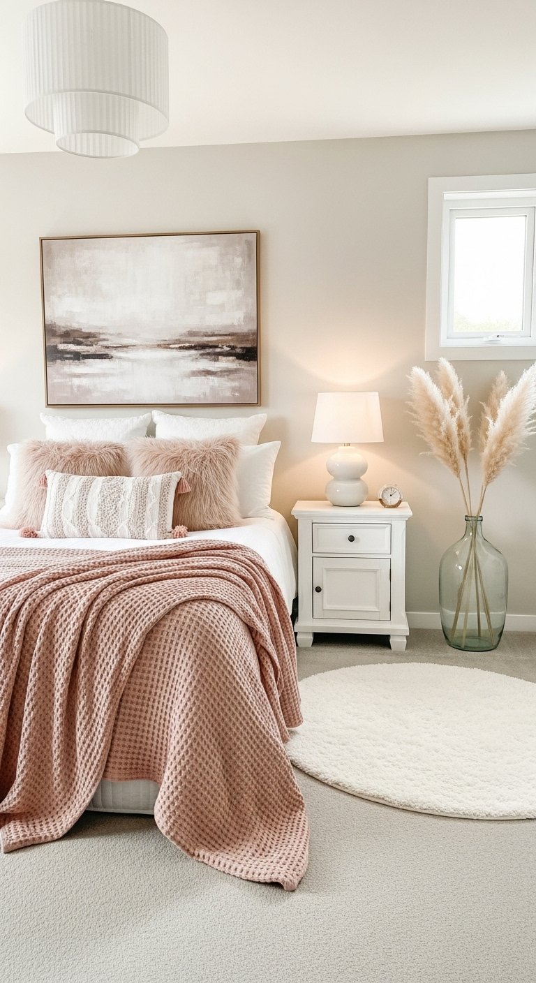 Chambre douce et sereine avec des coussins roses et un vase d herbe de la pampa