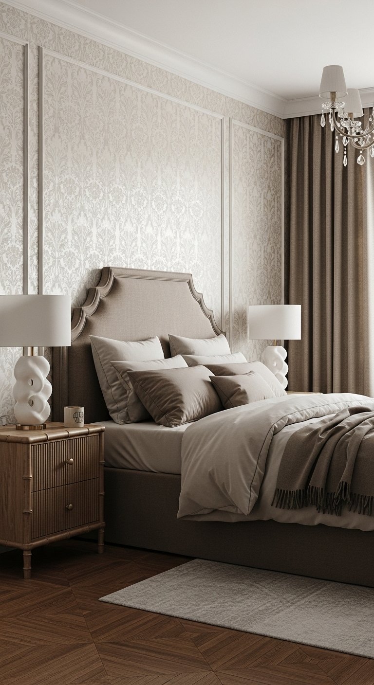 Chambre elegante avec un papier peint damasse beige et des moulures murales