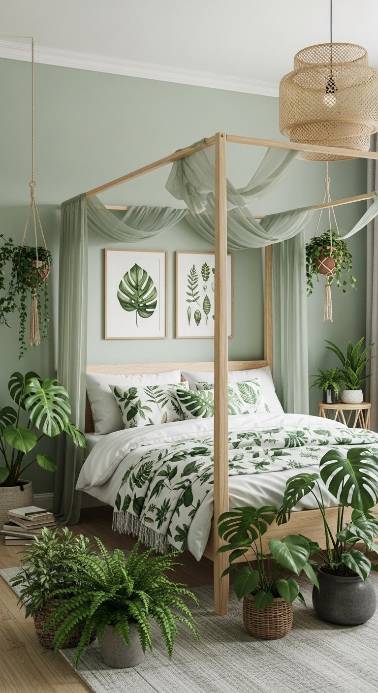 Chambre jungle urbaine avec lit à baldaquin en bois et nombreuses plantes vertes