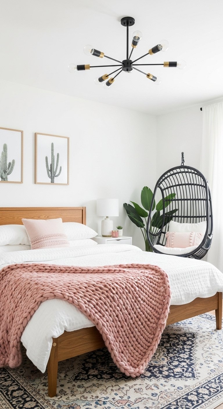 Chambre moderne avec fauteuil suspendu noir et plaid rose en grosse maille