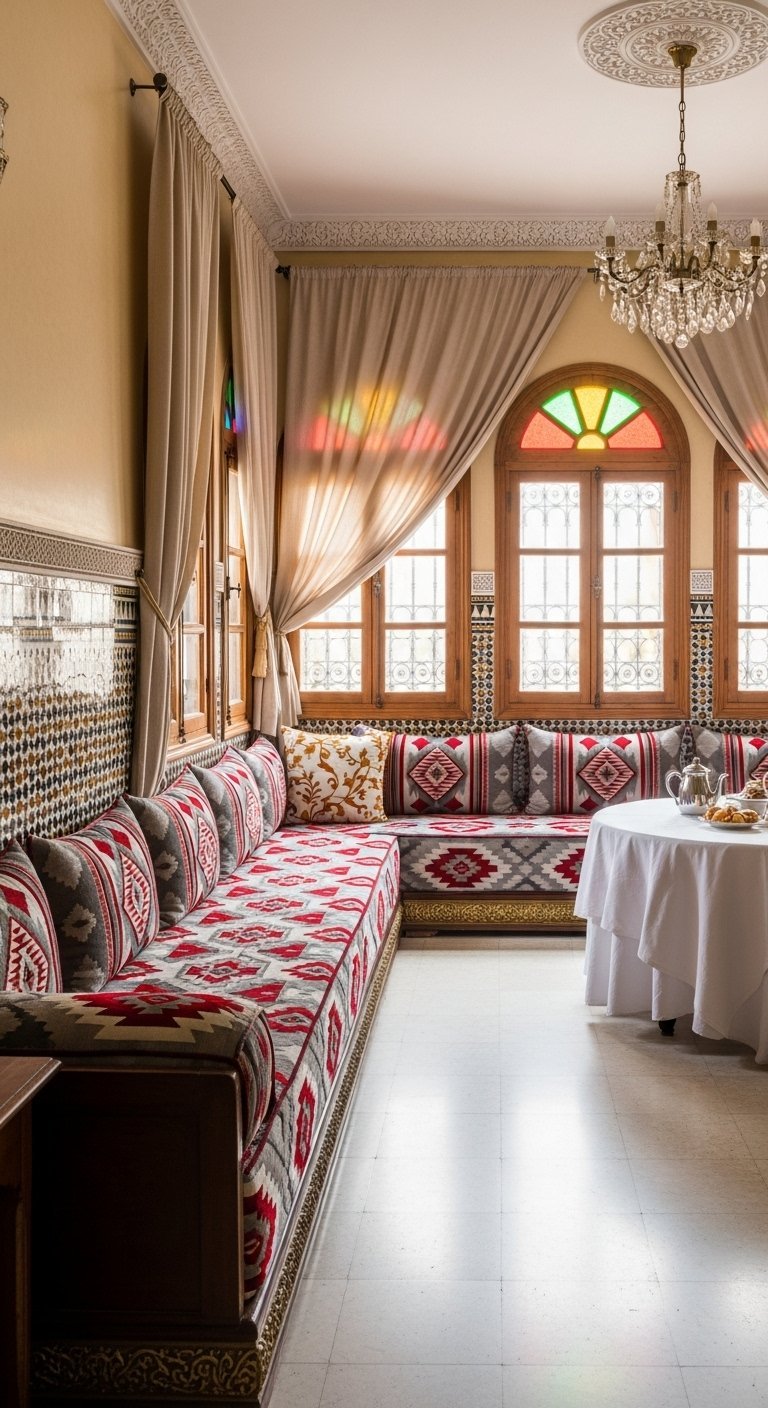 Coin salon marocain avec sedari à motifs et fenêtre à vitrail