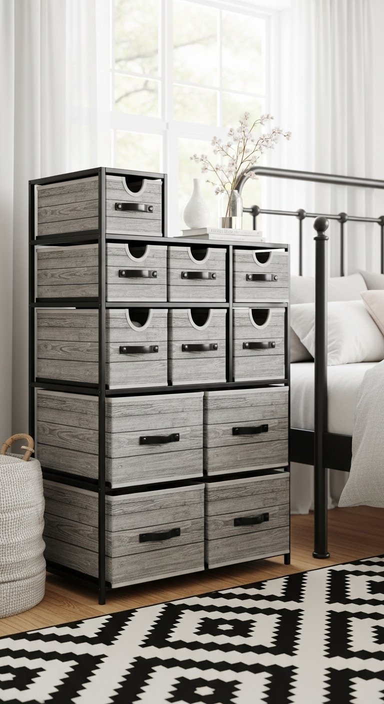 Commode modulable avec structure en métal et tiroirs en tissu gris