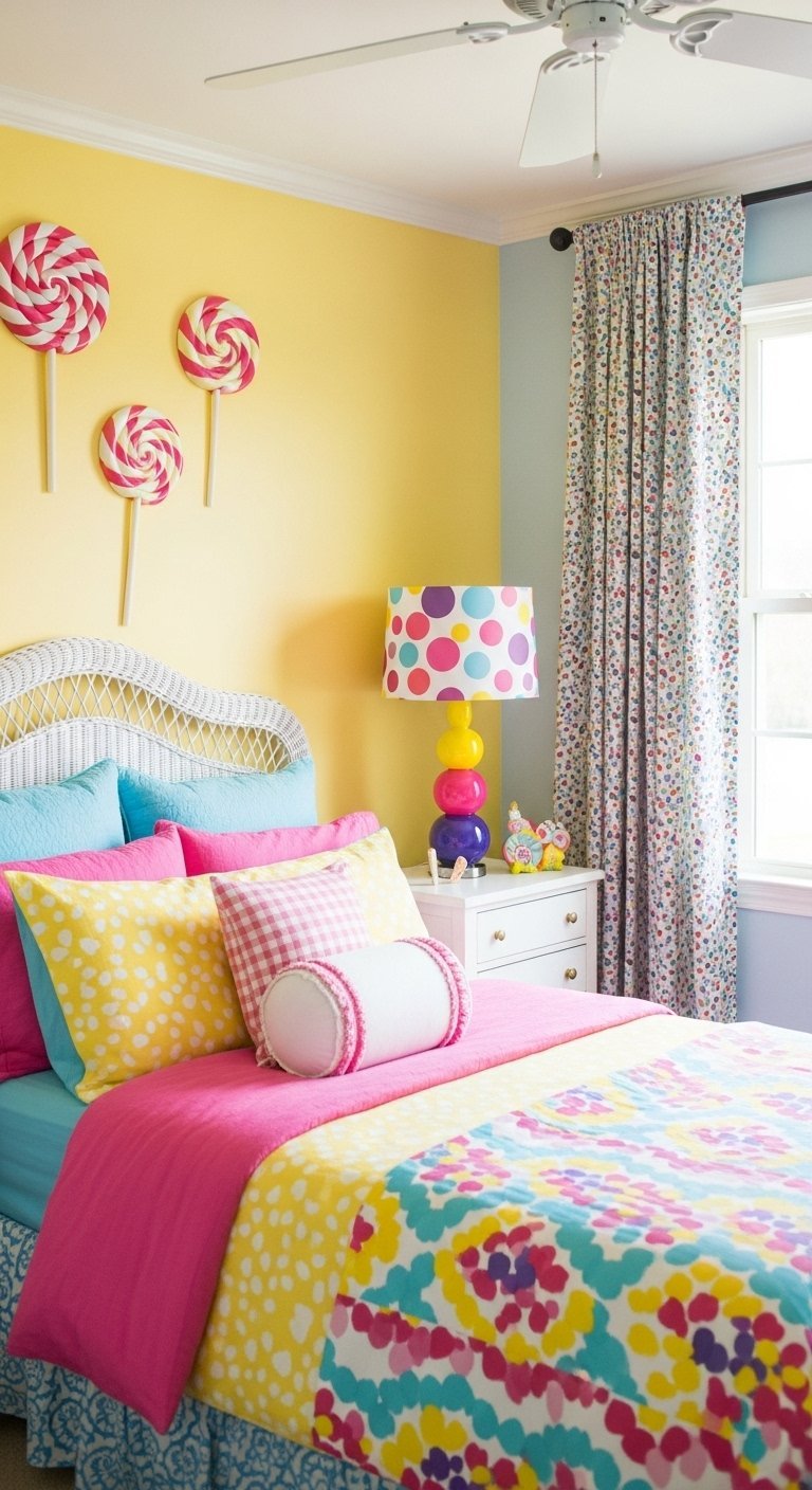 Décoration chambre femme colorée et ludique avec des murs jaunes et un décor de sucettes