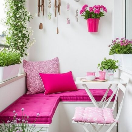 Decoration petit balcon etroit avec banquette blanche et coussins fuchsia vifs