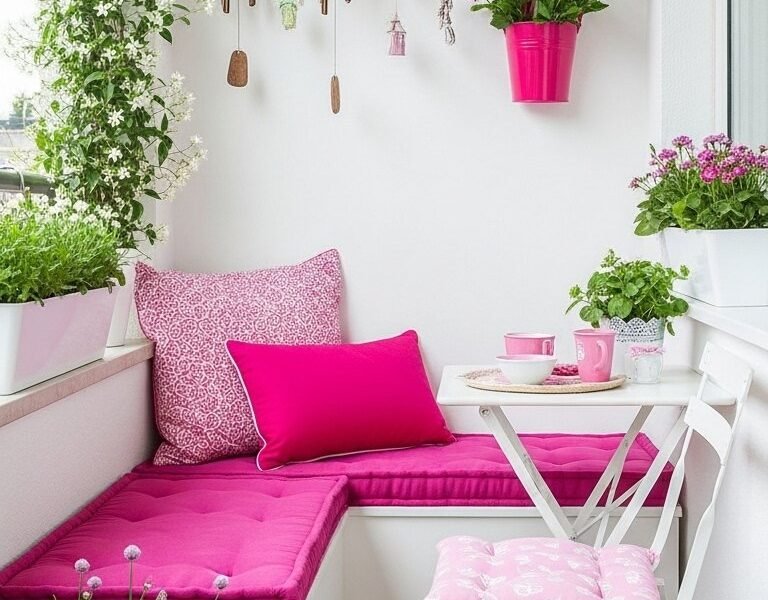 Decoration petit balcon etroit avec banquette blanche et coussins fuchsia vifs