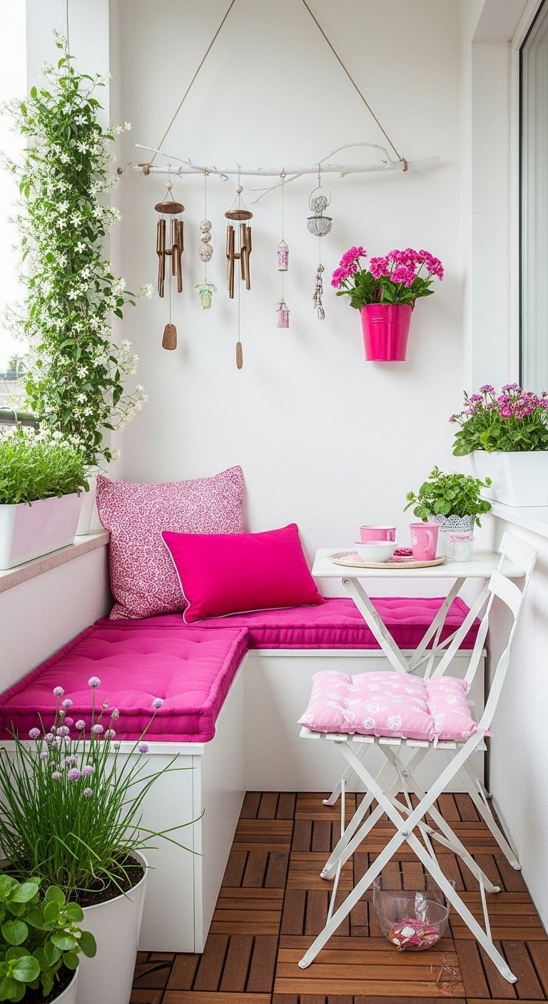 Decoration petit balcon etroit avec banquette blanche et coussins fuchsia vifs