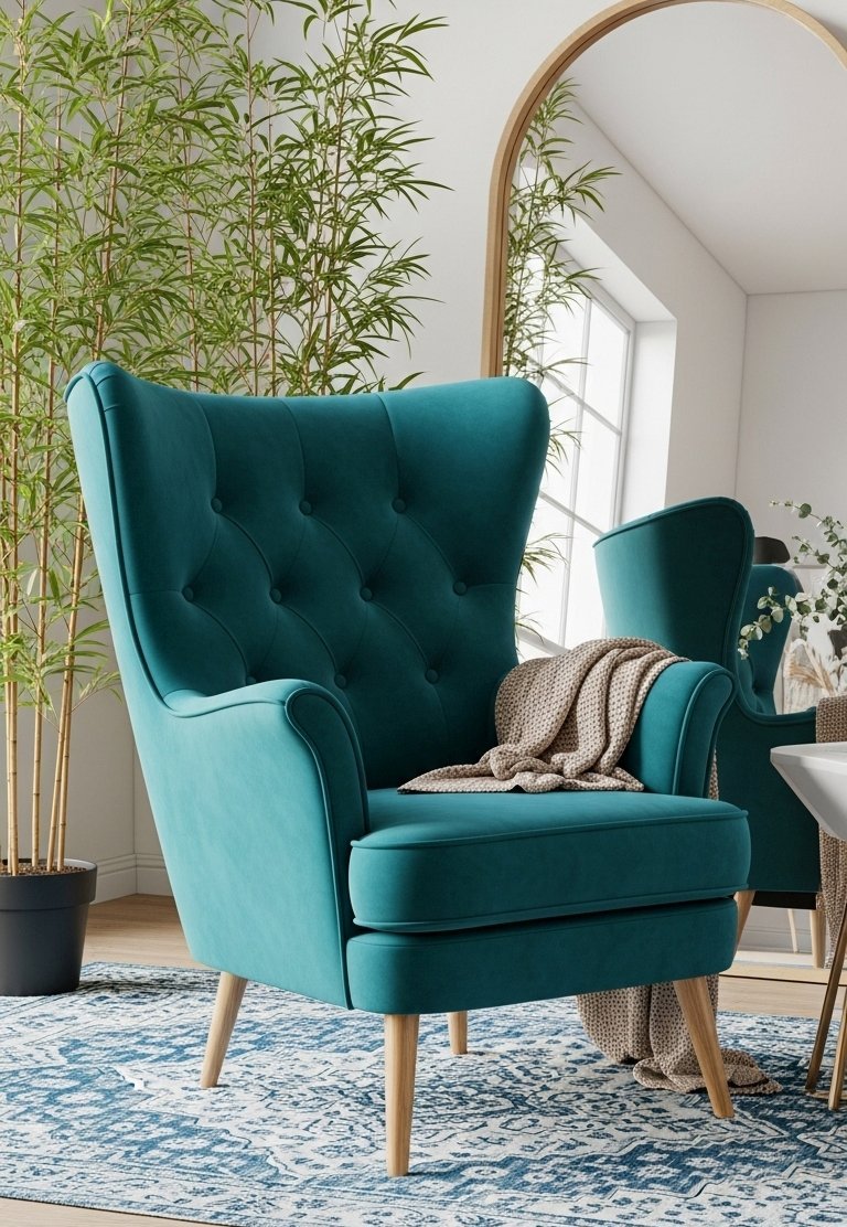 Fauteuil wingback capitonné en velours de couleur bleu canard profond dans un salon chic