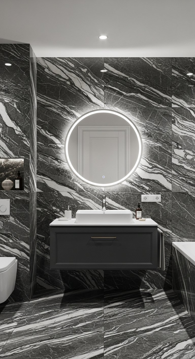 Grand miroir rond rétroéclairé sur un mur en marbre noir