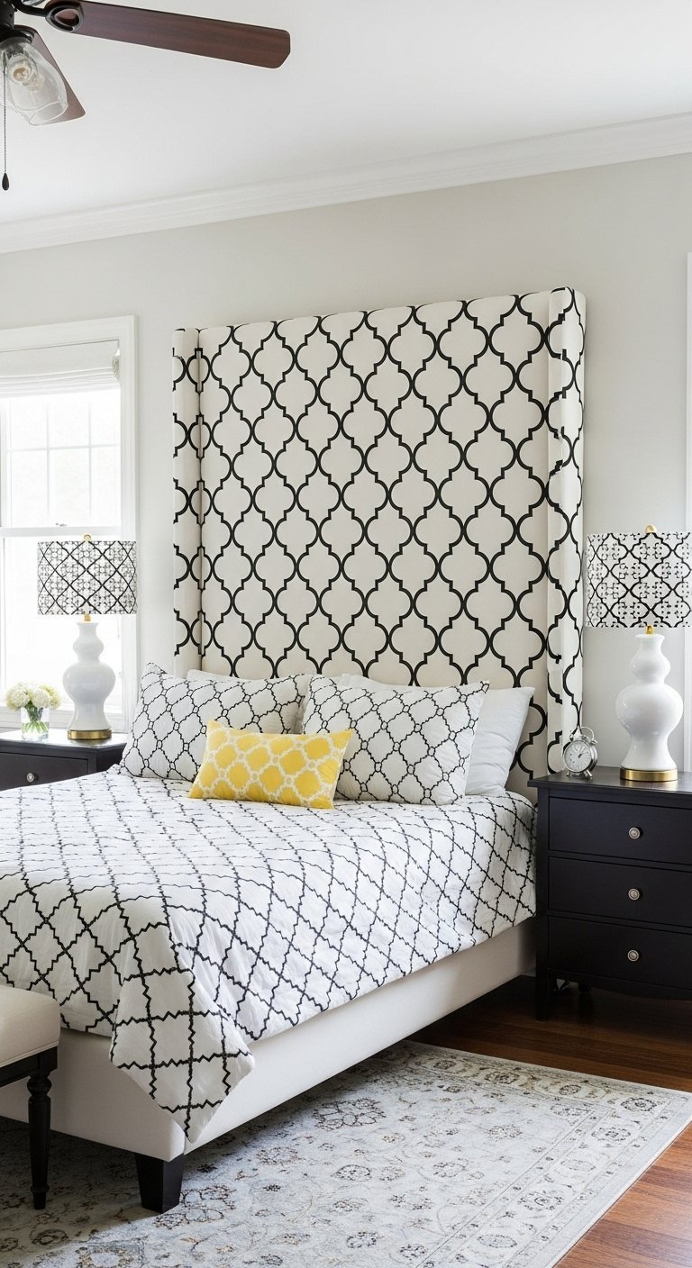 Haute tete de lit capitonnee avec un motif marocain noir et blanc