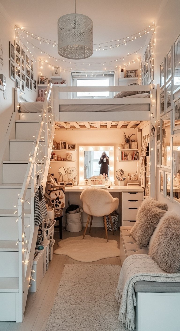 Lit mezzanine avec un espace coiffeuse en dessous éclairé par des ampoules
