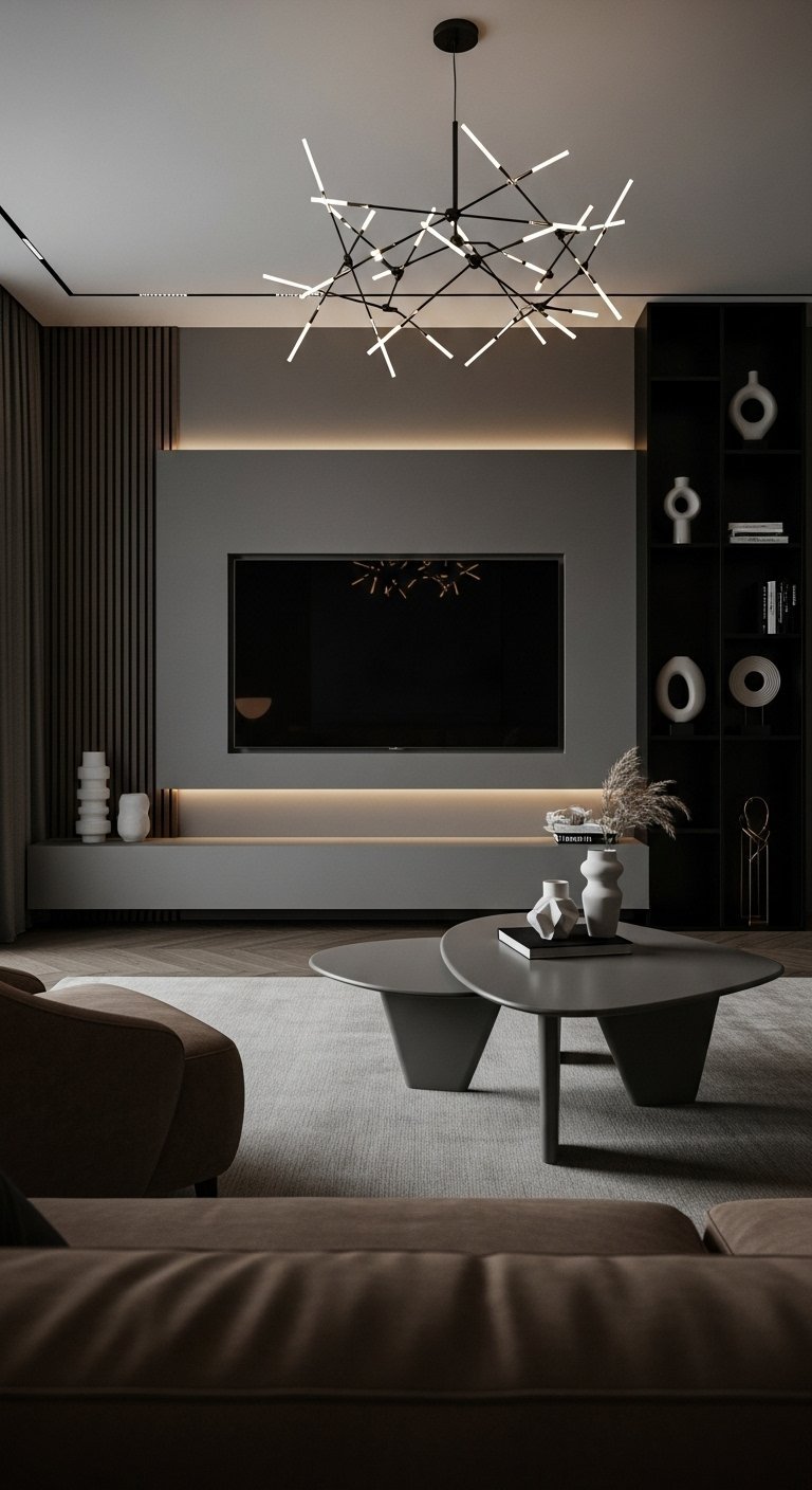 Mur TV gris anthracite avec éclairage LED et étagère noire