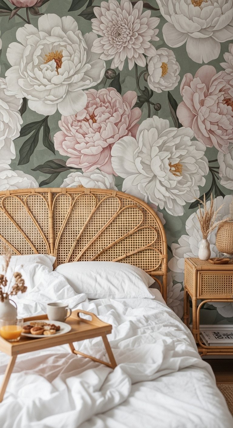 Papier peint a tres grandes fleurs de pivoines roses et blanches derriere un lit en rotin