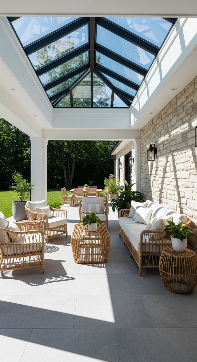 Patio couvert par un toit en verre avec mobilier en rotin et mur en pierre