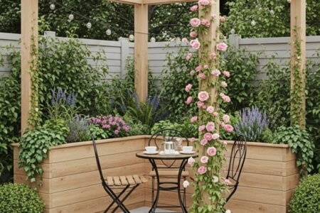Petite pergola en bois avec bacs à fleurs intégrés et rosiers grimpants