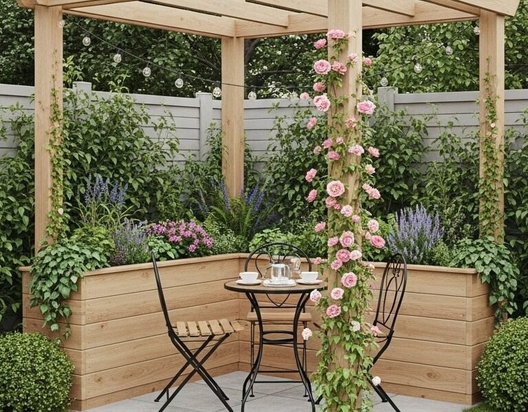 Petite pergola en bois avec bacs à fleurs intégrés et rosiers grimpants