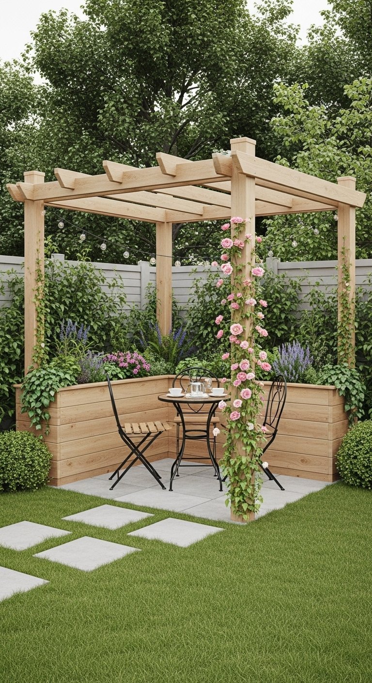 Petite pergola en bois avec bacs à fleurs intégrés et rosiers grimpants