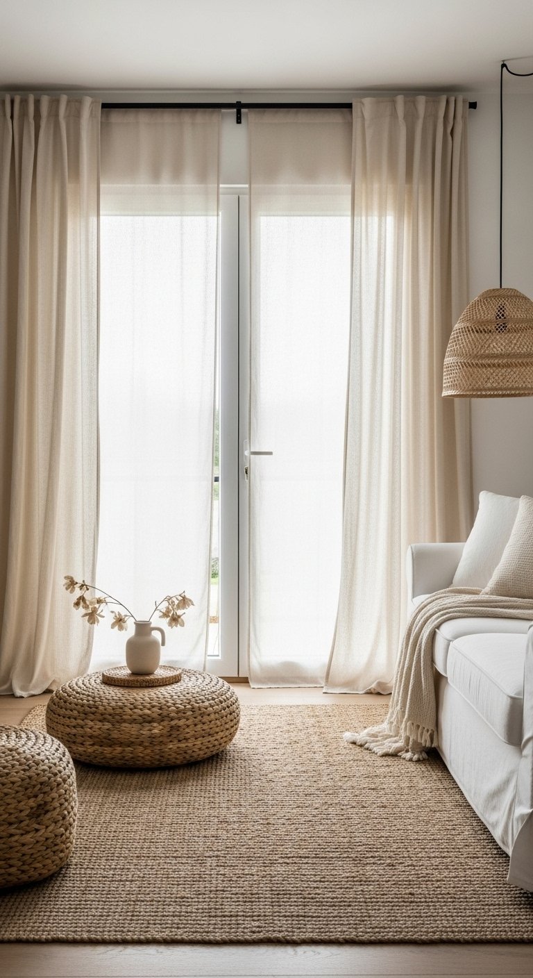 Rideaux en lin beige naturel habillant une porte fenêtre dans un salon scandinave