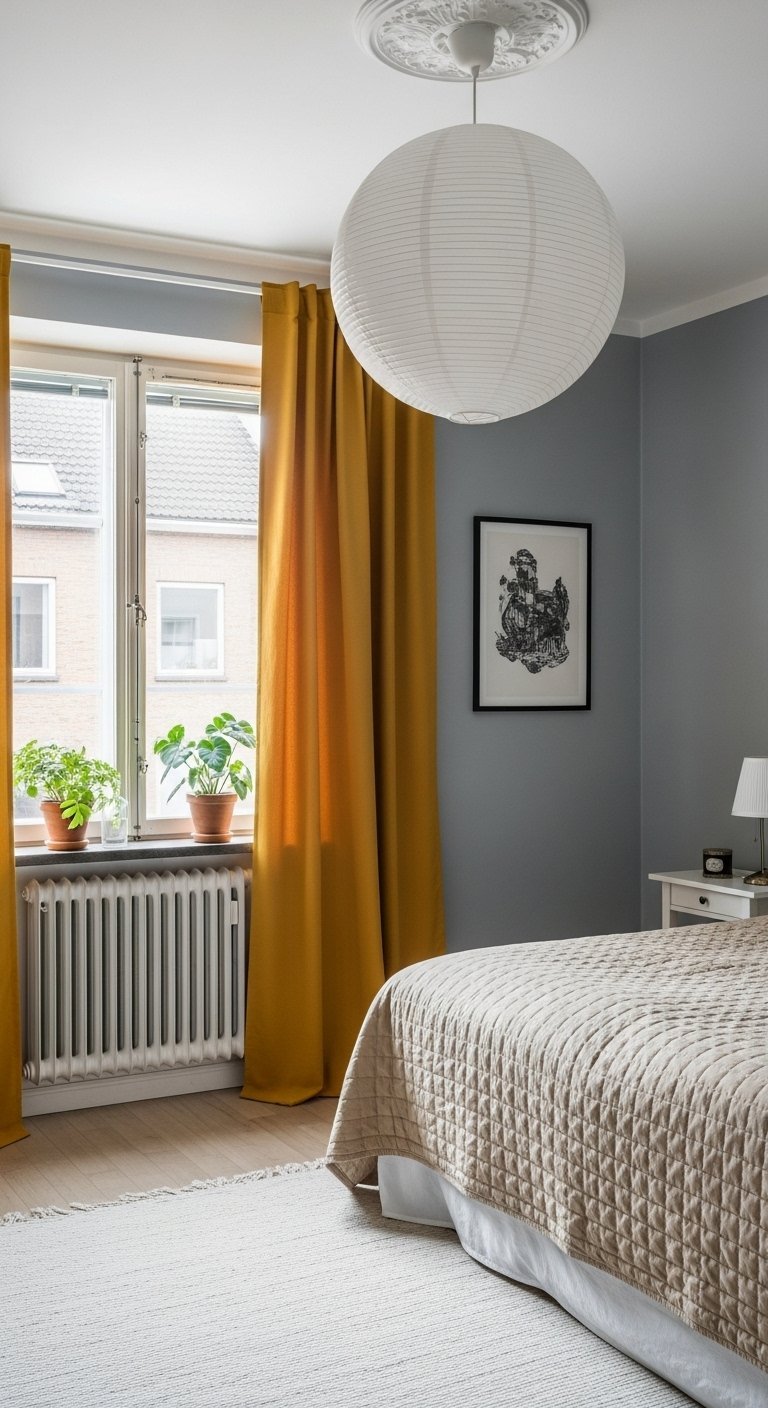 Rideaux jaune moutarde contrastant avec un mur gris dans une chambre scandinave