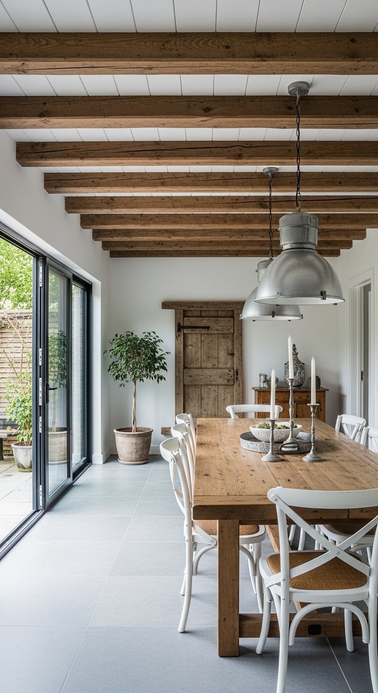 Salle a manger campagne chic avec poutres apparentes et table en bois