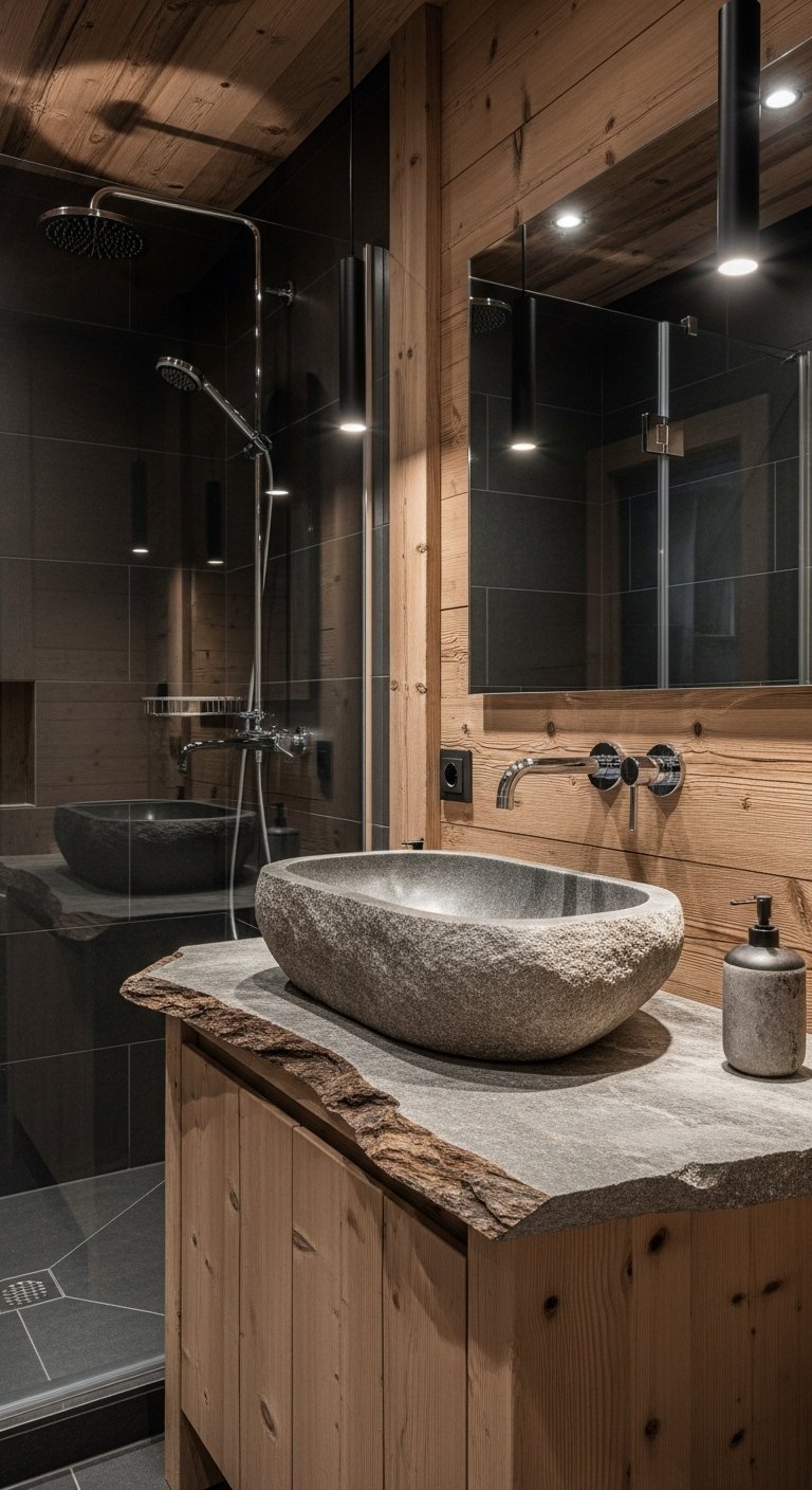 Salle de bain chalet rustique avec vasque en pierre et meuble bois