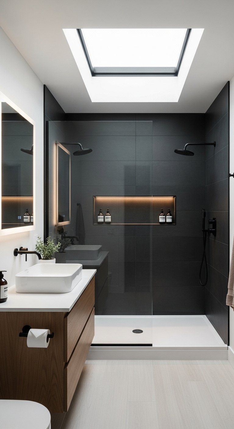 Salle de bain moderne avec douche double noire et puits de lumière