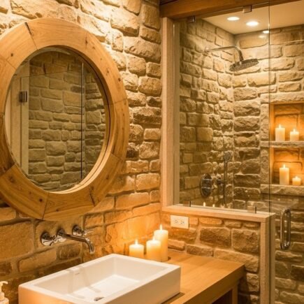 Salle de bains spa avec murs en pierre meuble en bois et miroir rond en bois