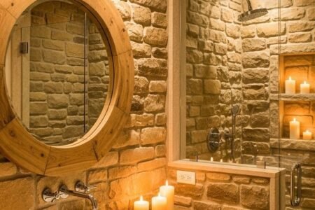 Salle de bains spa avec murs en pierre meuble en bois et miroir rond en bois