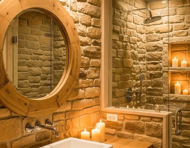 Salle de bains spa avec murs en pierre meuble en bois et miroir rond en bois