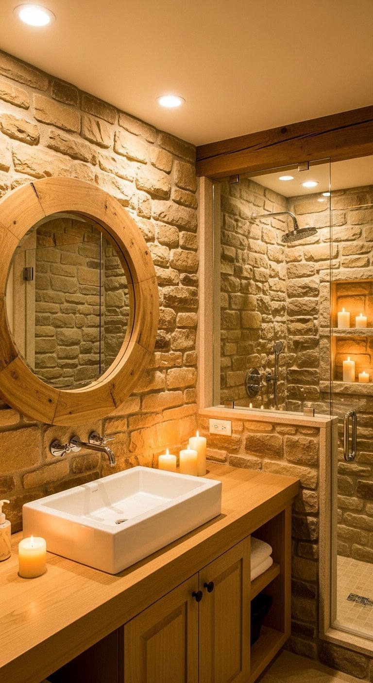 Salle de bains spa avec murs en pierre meuble en bois et miroir rond en bois
